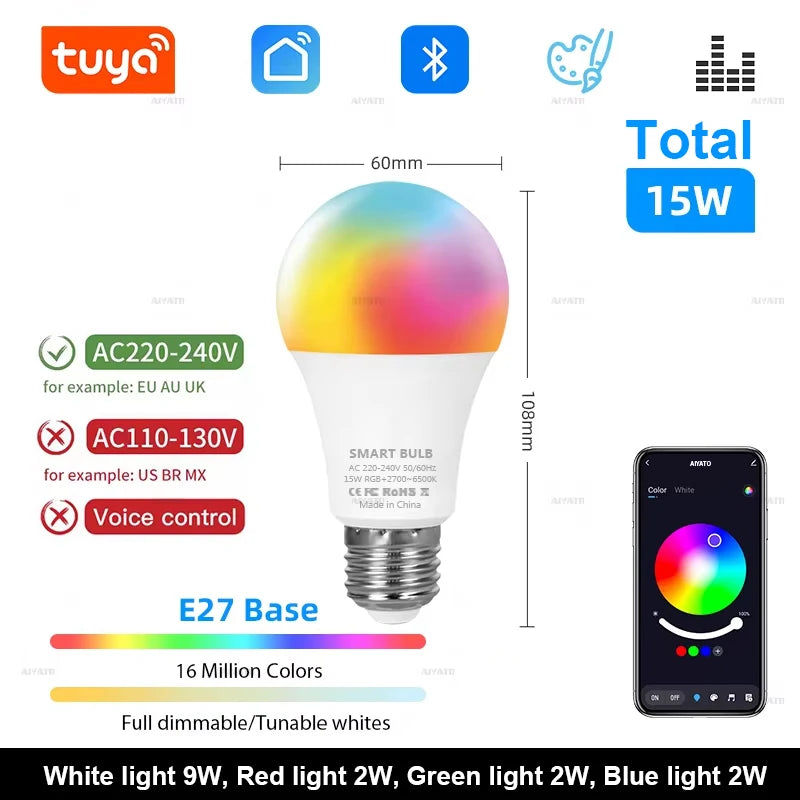 Tuya Smart RGB LED Bulb, 15W/18W, E27/B22, Dimmable, Bluetooth