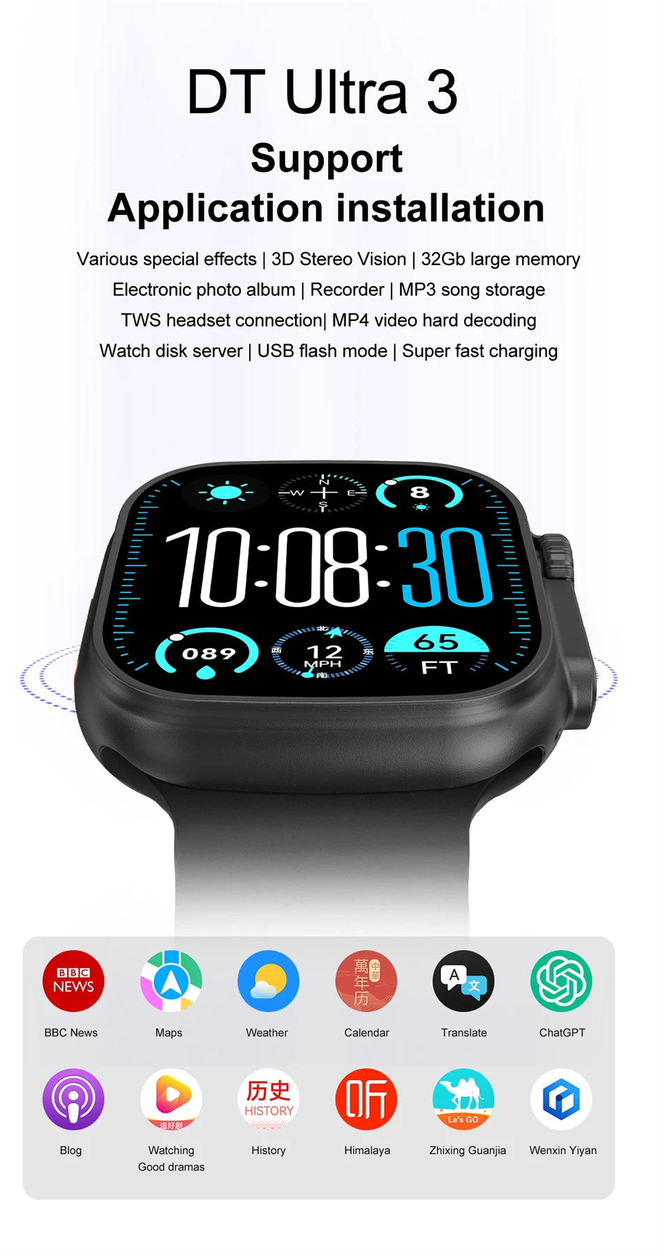 DT Ultra 3 Smartwatch, AMOLED, 4GB Music Player, Bluetooth, AI