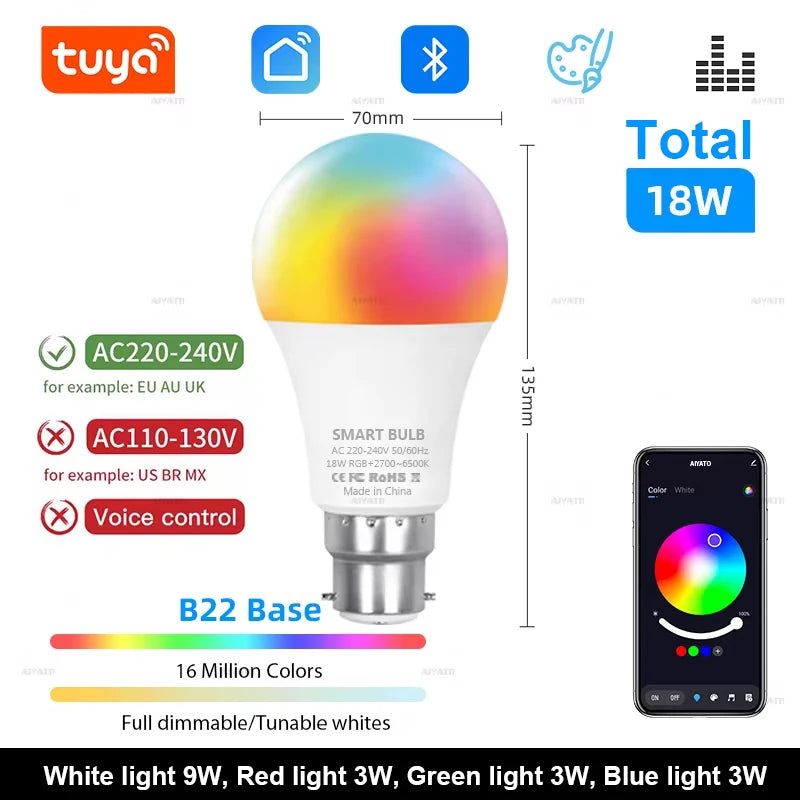 Tuya Smart RGB LED Bulb, 15W/18W, E27/B22, Dimmable, Bluetooth