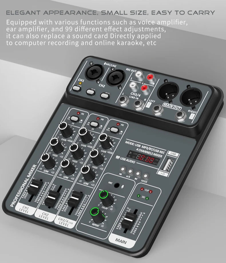4-Channel USB Audio Mixer, Bluetooth, 48V Phantom Power