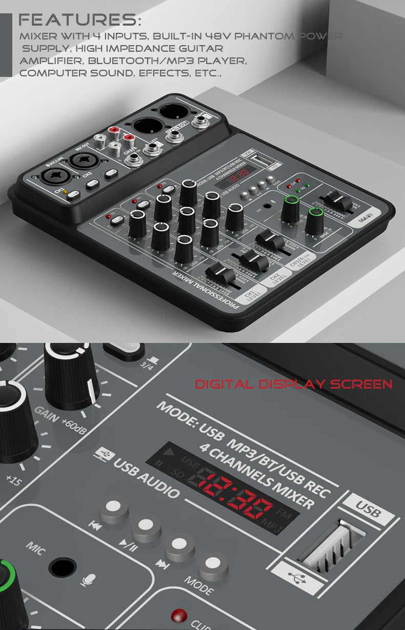 4-Channel USB Audio Mixer, Bluetooth, 48V Phantom Power