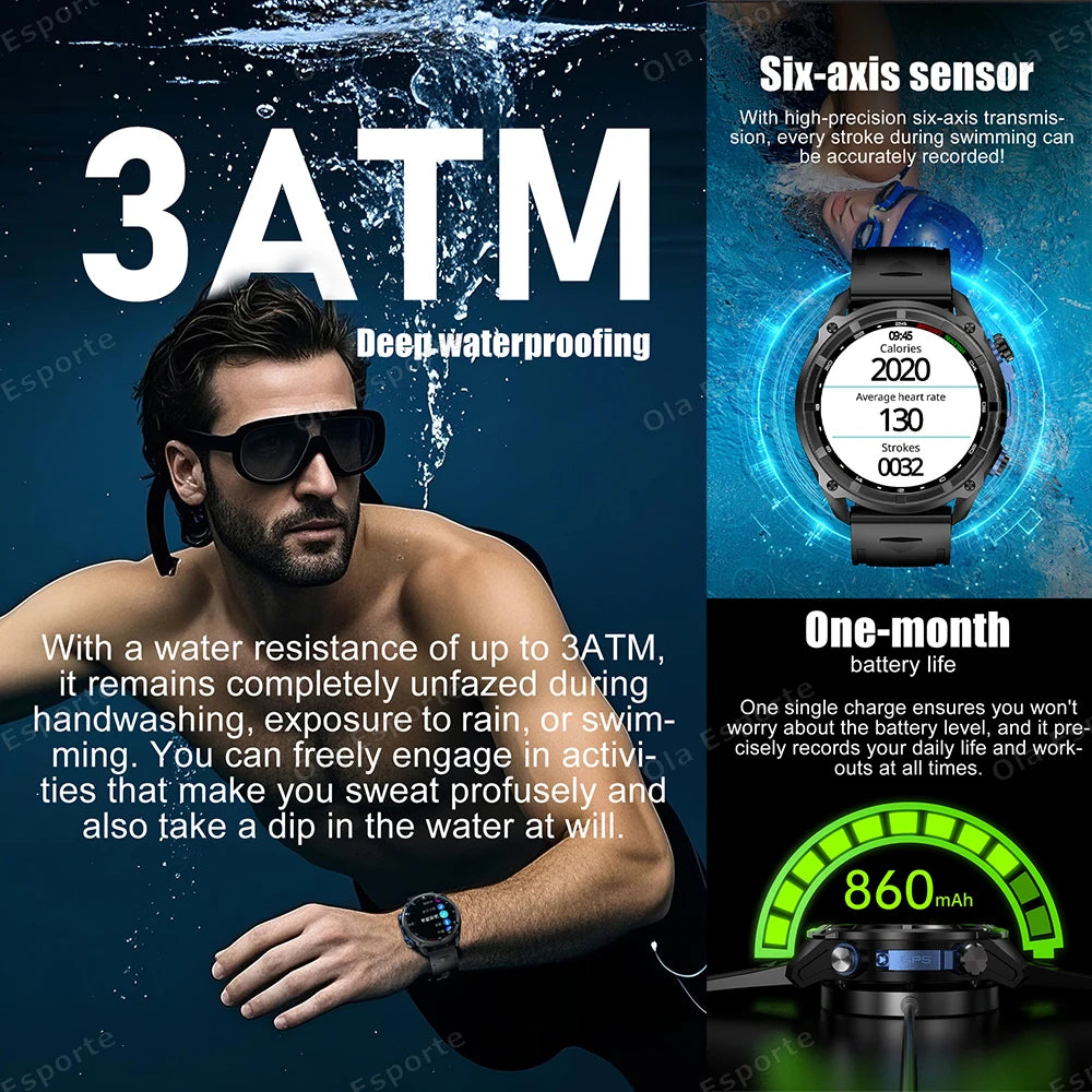 GPS Smartwatch for Men, 1.43" AMOLED, 3ATM Waterproof, 4GB Offline Map