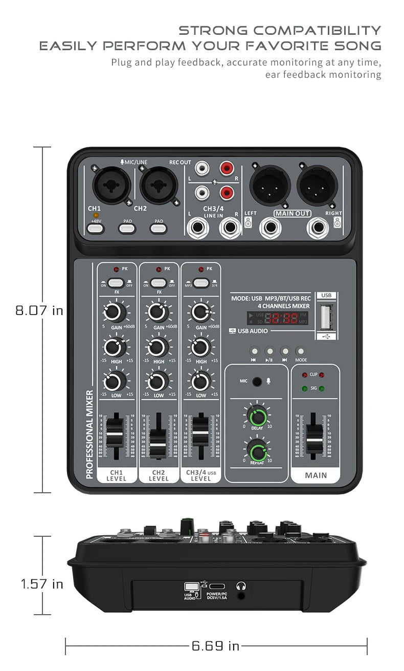 4-Channel USB Audio Mixer, Bluetooth, 48V Phantom Power