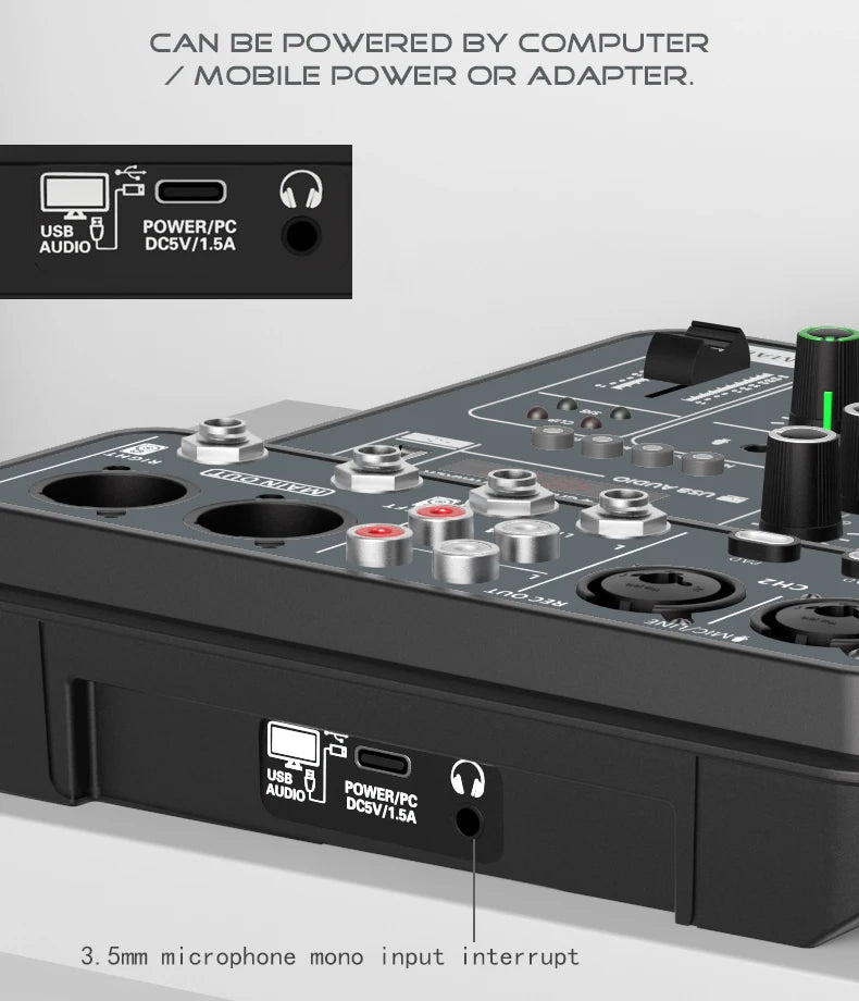 4-Channel USB Audio Mixer, Bluetooth, 48V Phantom Power