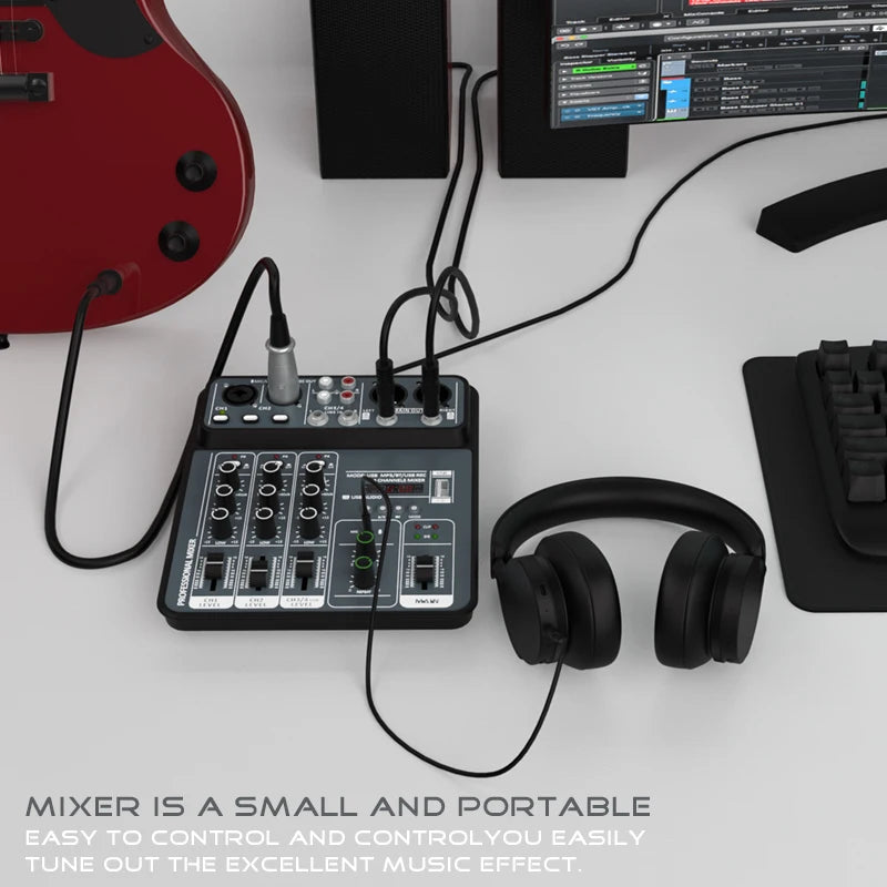 4-Channel USB Audio Mixer, Bluetooth, 48V Phantom Power