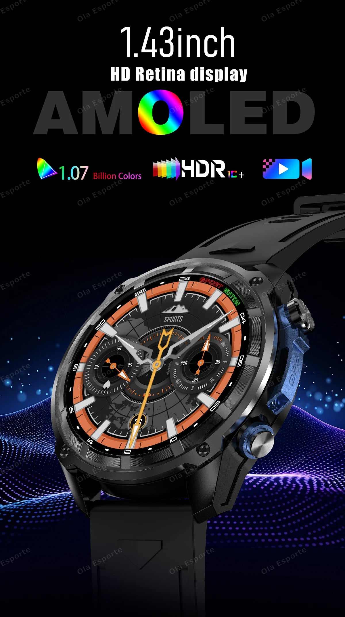GPS Smartwatch for Men, 1.43" AMOLED, 3ATM Waterproof, 4GB Offline Map