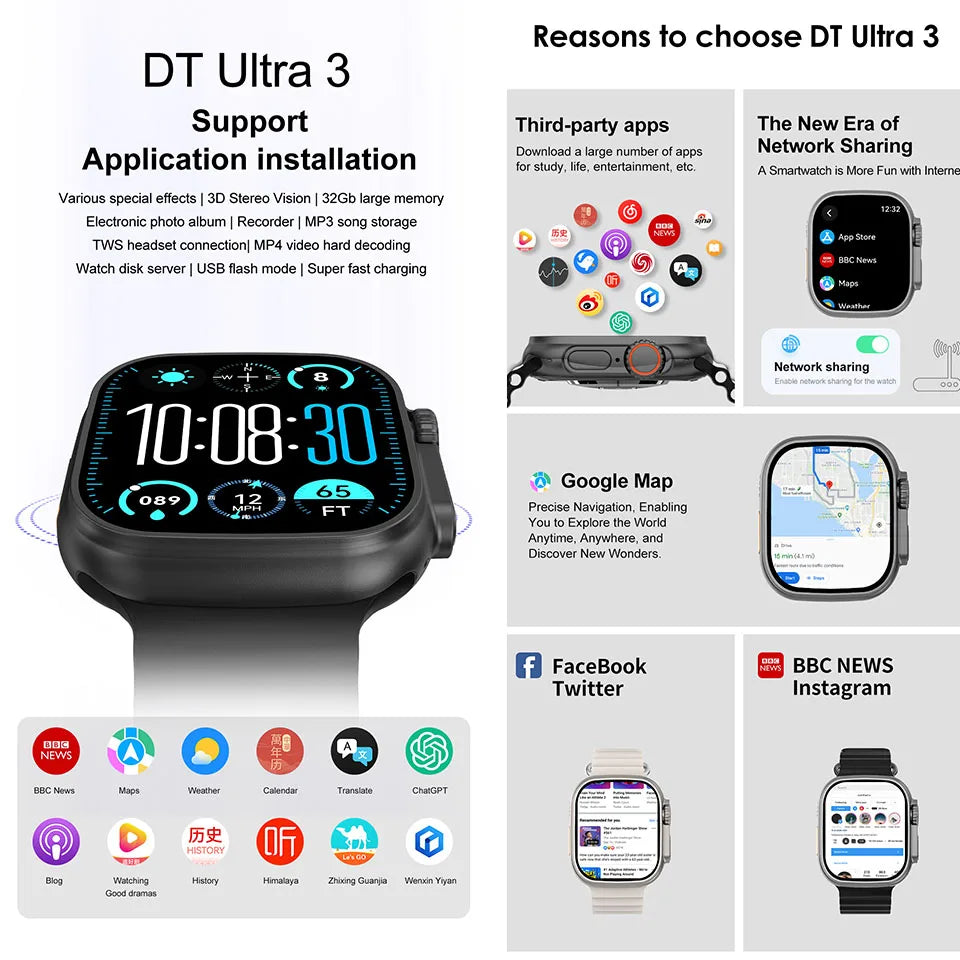 DT Ultra 3 Smartwatch, AMOLED, 4GB Music Player, Bluetooth, AI
