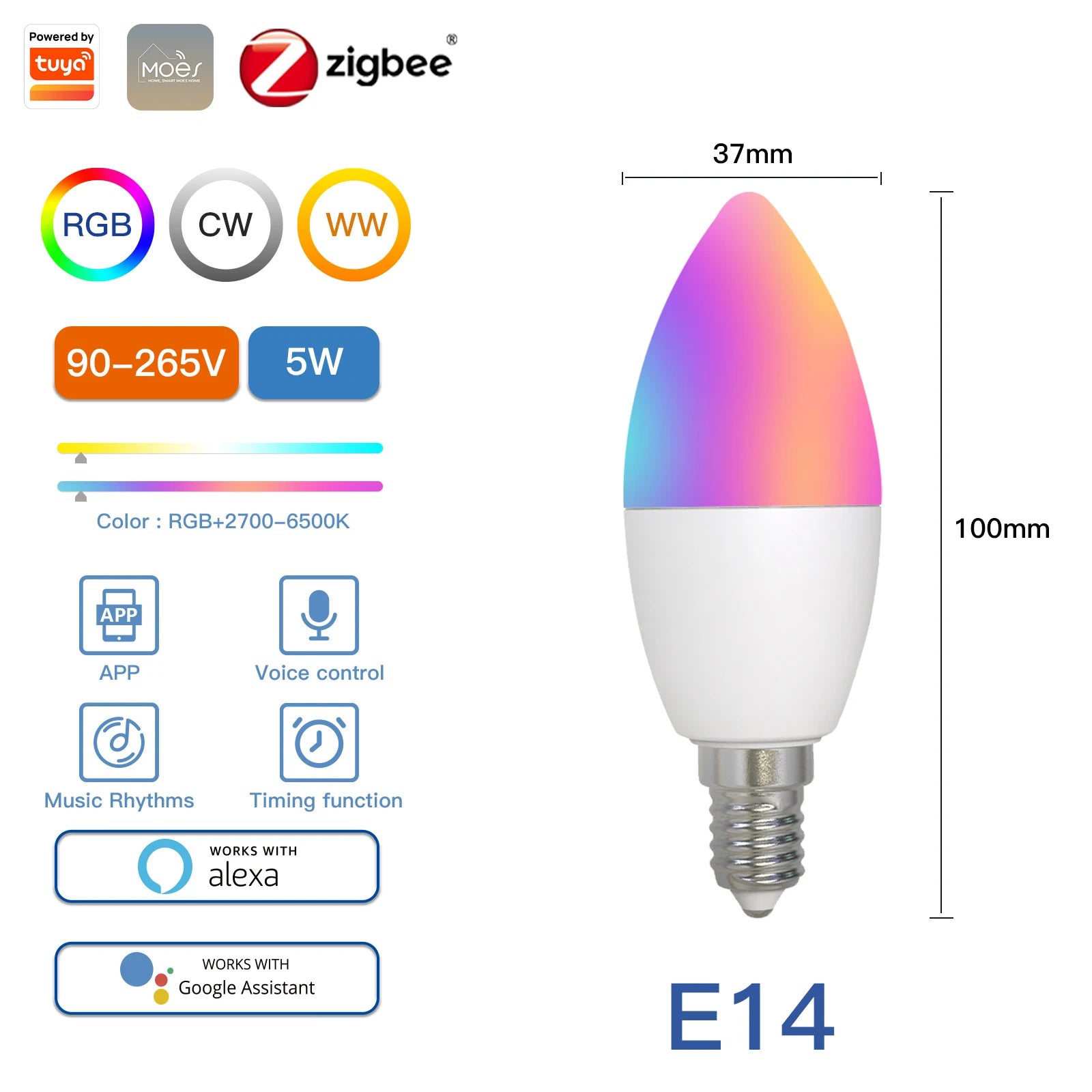 MOES Smart WiFi/Zigbee LED Bulb, GU10/E27/E14, RGB+CW, Dimmable