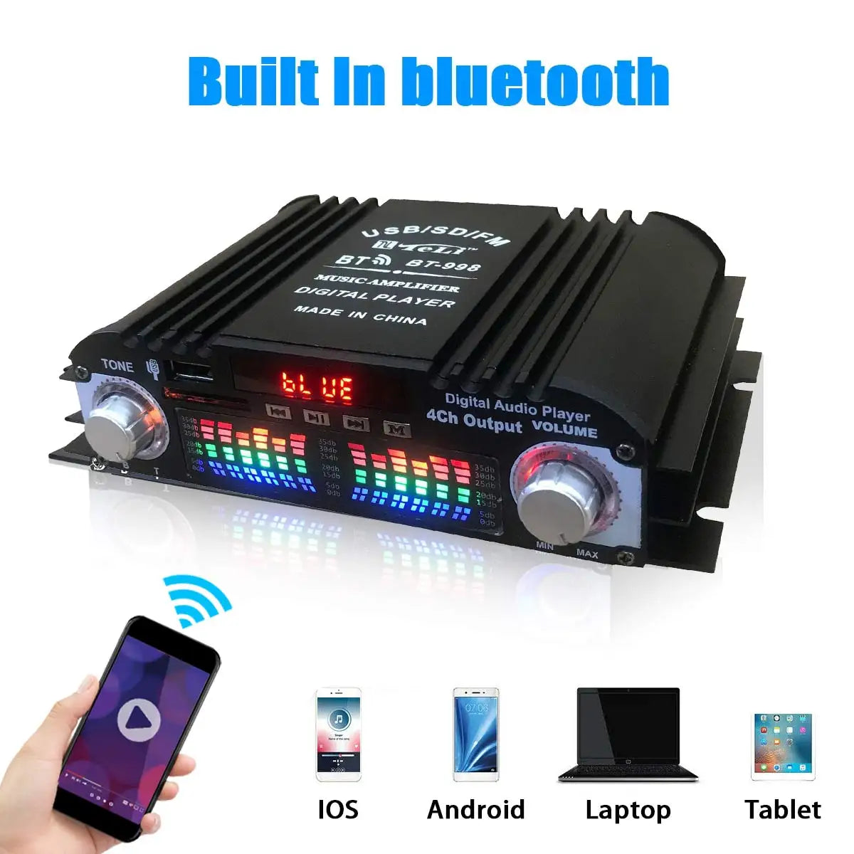 1600W 4-Channel HiFi Digital Audio Amplifier with Bluetooth & FM Radio