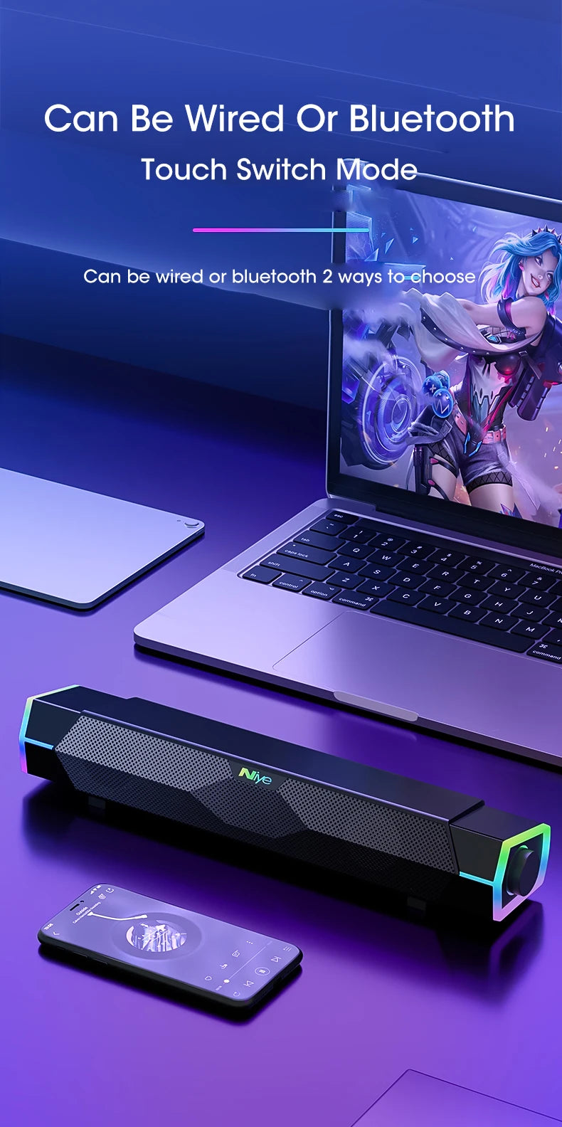 4D Bluetooth 5.0 Computer Soundbar with Stereo Subwoofer