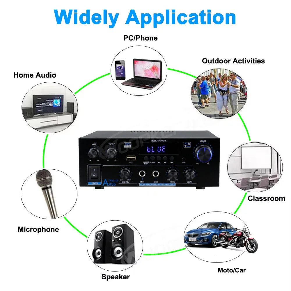 Woopker AK Series Digital Amplifier, Bluetooth, 2-Channel HiFi, FM/USB