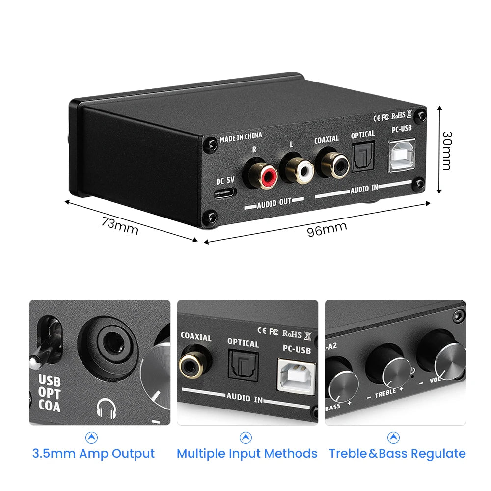 AIYIMA DAC-A2 HiFi USB DAC & Headphone Amplifier, Optical/Coaxial Output