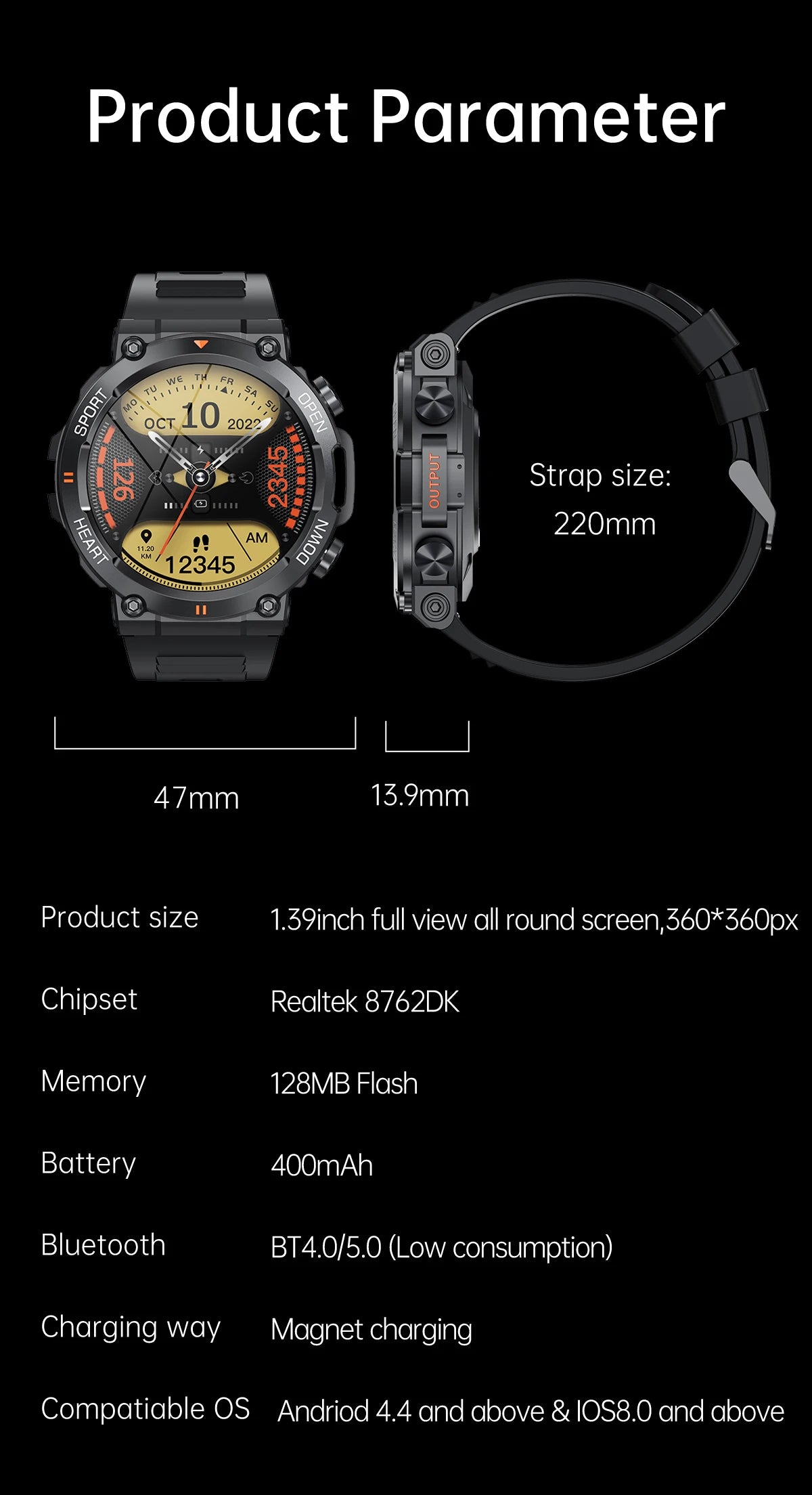 K56Pro Smartwatch, 1.39" HD, Heart Rate, Bluetooth, Long Standby