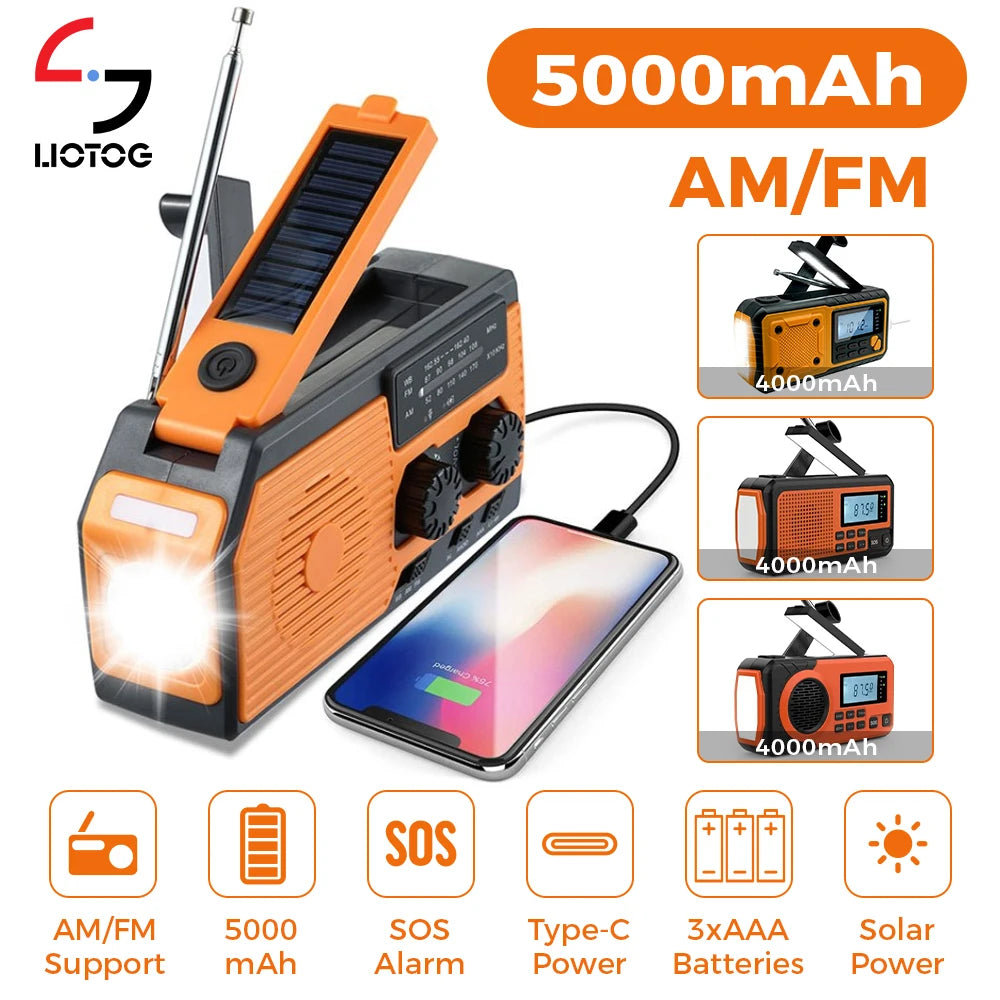 LOTOTG Portable Solar Emergency Radio, Hand Crank, AM/FM, Power Bank