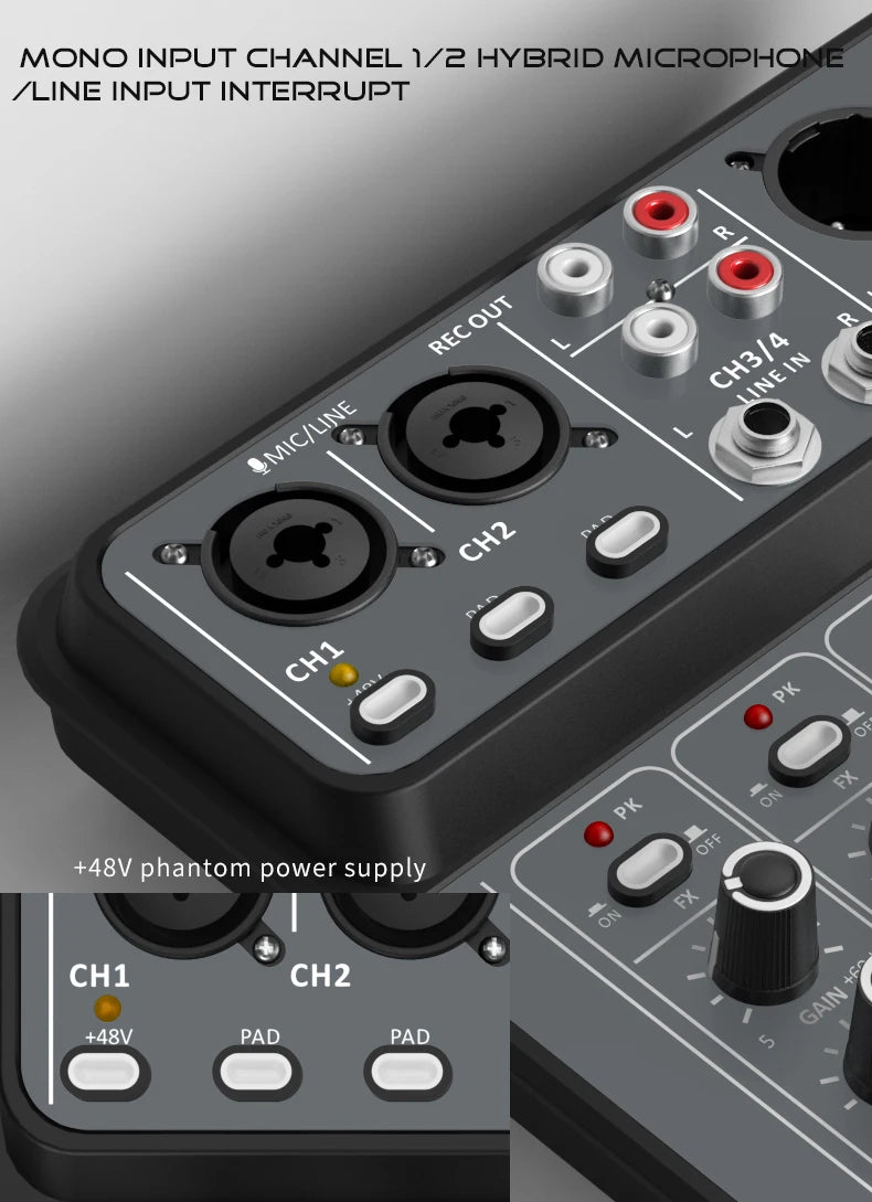 4-Channel USB Audio Mixer, Bluetooth, 48V Phantom Power