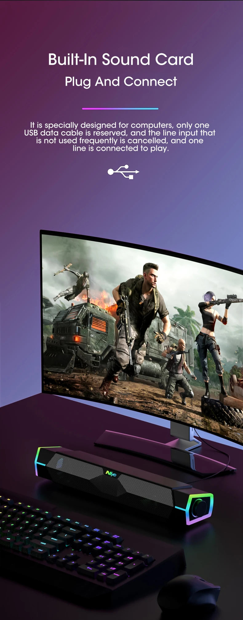 4D Bluetooth 5.0 Computer Soundbar with Stereo Subwoofer