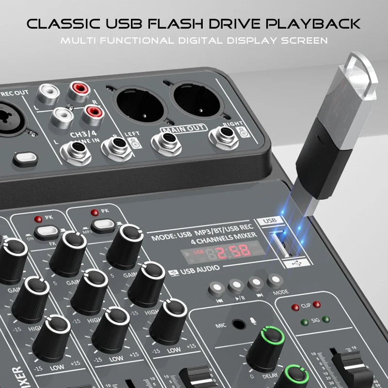 4-Channel USB Audio Mixer, Bluetooth, 48V Phantom Power