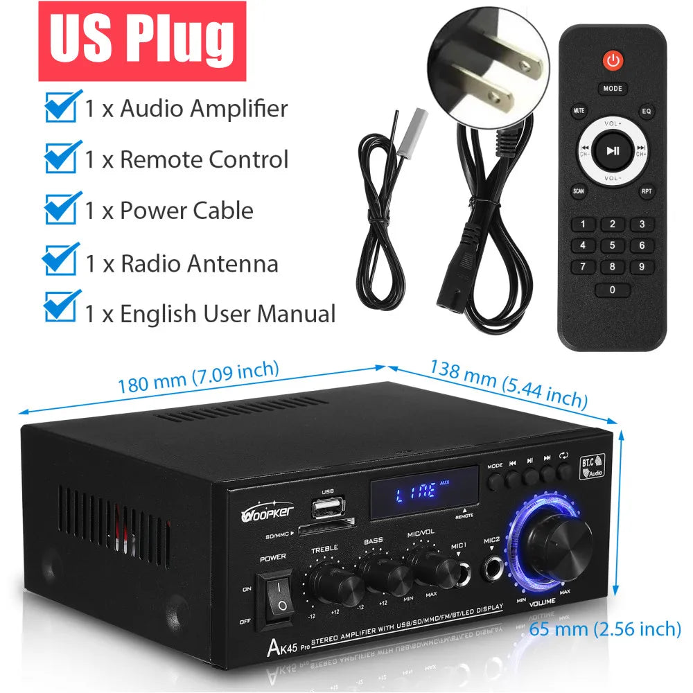 Woopker AK Series Digital Amplifier, Bluetooth, 2-Channel HiFi, FM/USB