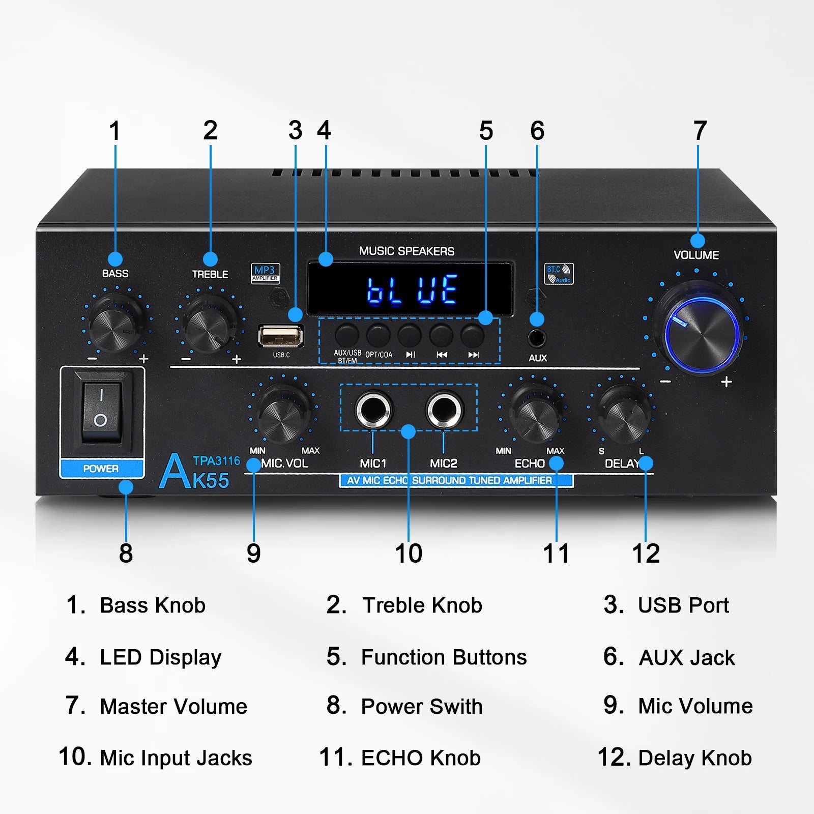 Woopker AK Series Digital Amplifier, Bluetooth, 2-Channel HiFi, FM/USB