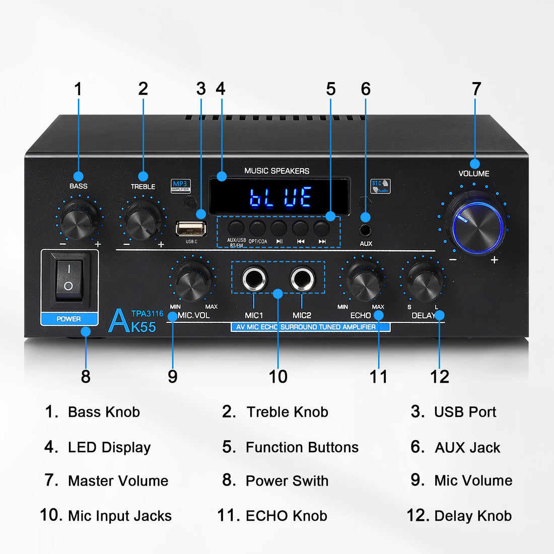 Woopker AK Series Digital Amplifier, Bluetooth, 2-Channel HiFi, FM/USB