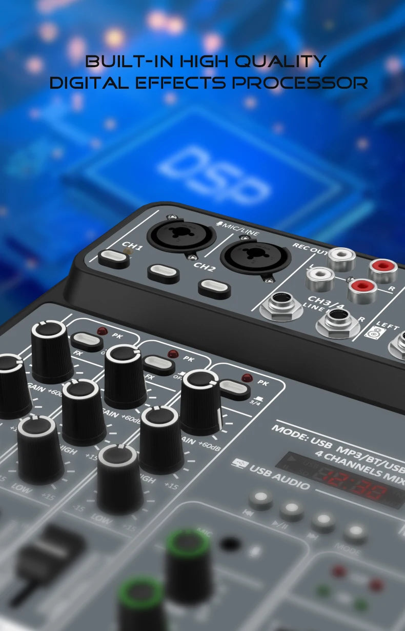 4-Channel USB Audio Mixer, Bluetooth, 48V Phantom Power