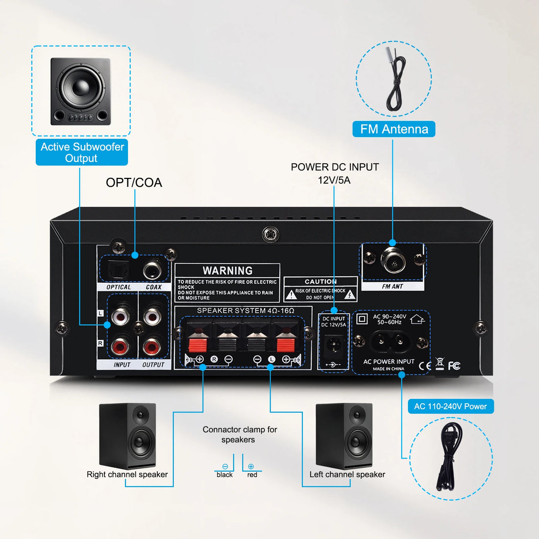 Woopker AK Series Digital Amplifier, Bluetooth, 2-Channel HiFi, FM/USB