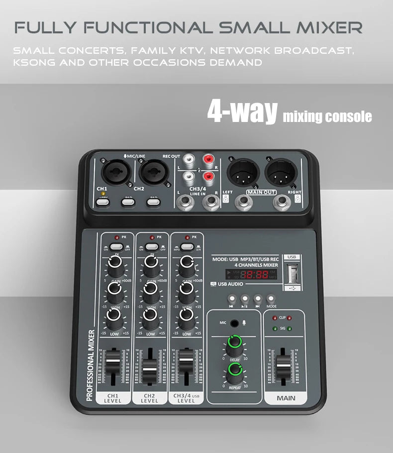 4-Channel USB Audio Mixer, Bluetooth, 48V Phantom Power