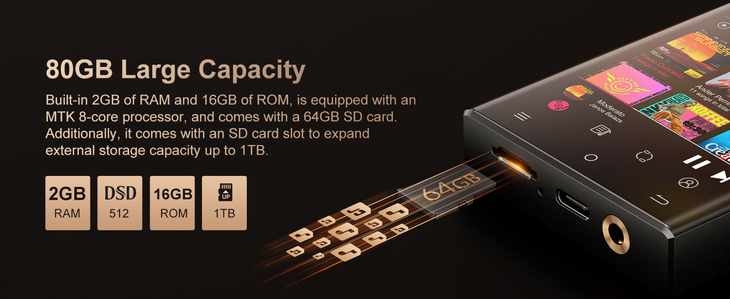 Oilsky Hi-Fi MP3 Player, Bluetooth/WiFi, Lossless DSD, 64GB Expandable